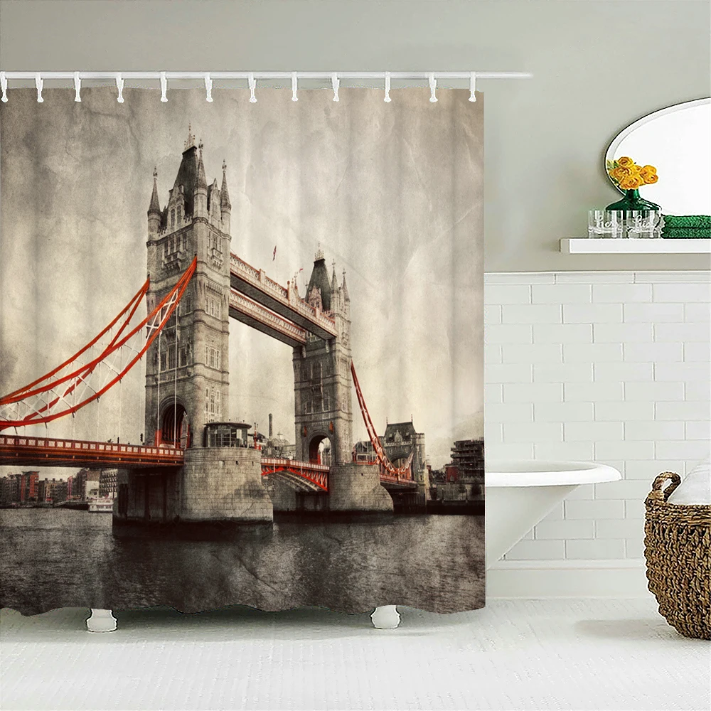 

High Quality Night View Retro landscape Fabric Shower Curtain Waterproof Printing Bath Curtains for Bathroom Decorate with Hooks