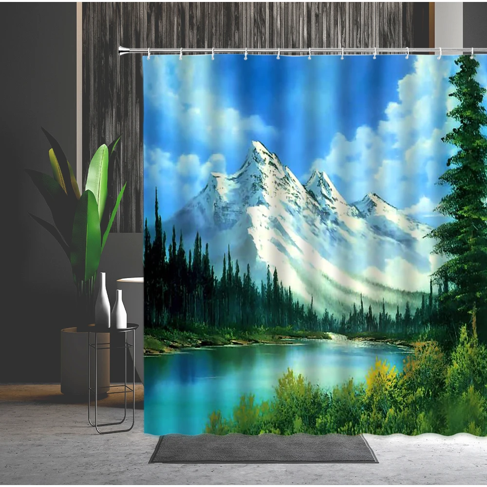 

Rural Snow Mountain Scenery Shower Curtain Pine Trees Forest Rustic Cottages Bathroom Decor Waterproof Bath Curtains with Hooks