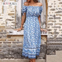 movokaka summer woman slash neck blue viscose dress elegant party casual print vestidos bandage loose vintage beach long dresses