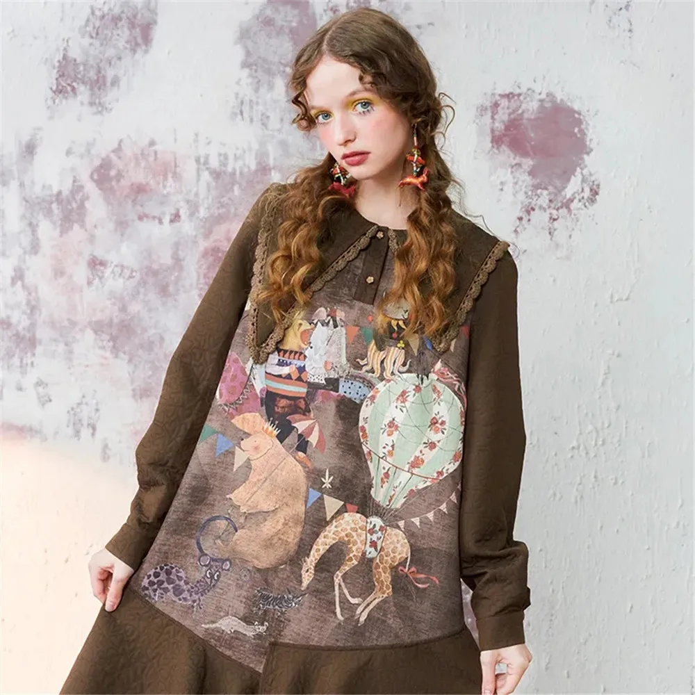 

Illustrated Beast 2023 Winter Women's New Leisure and Fashion Fun Retro Lapel Printing Asymmetric Frontal Dress