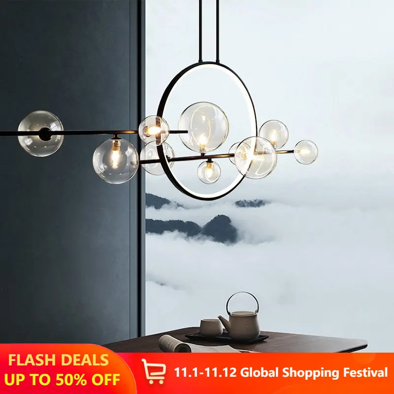 Pаспродажа Светодиодная стеклянная люстра 110-220 В в новом дизайне, скандинавские подвесные светильники черного цвета для кухни, круглые кольца, декорат...