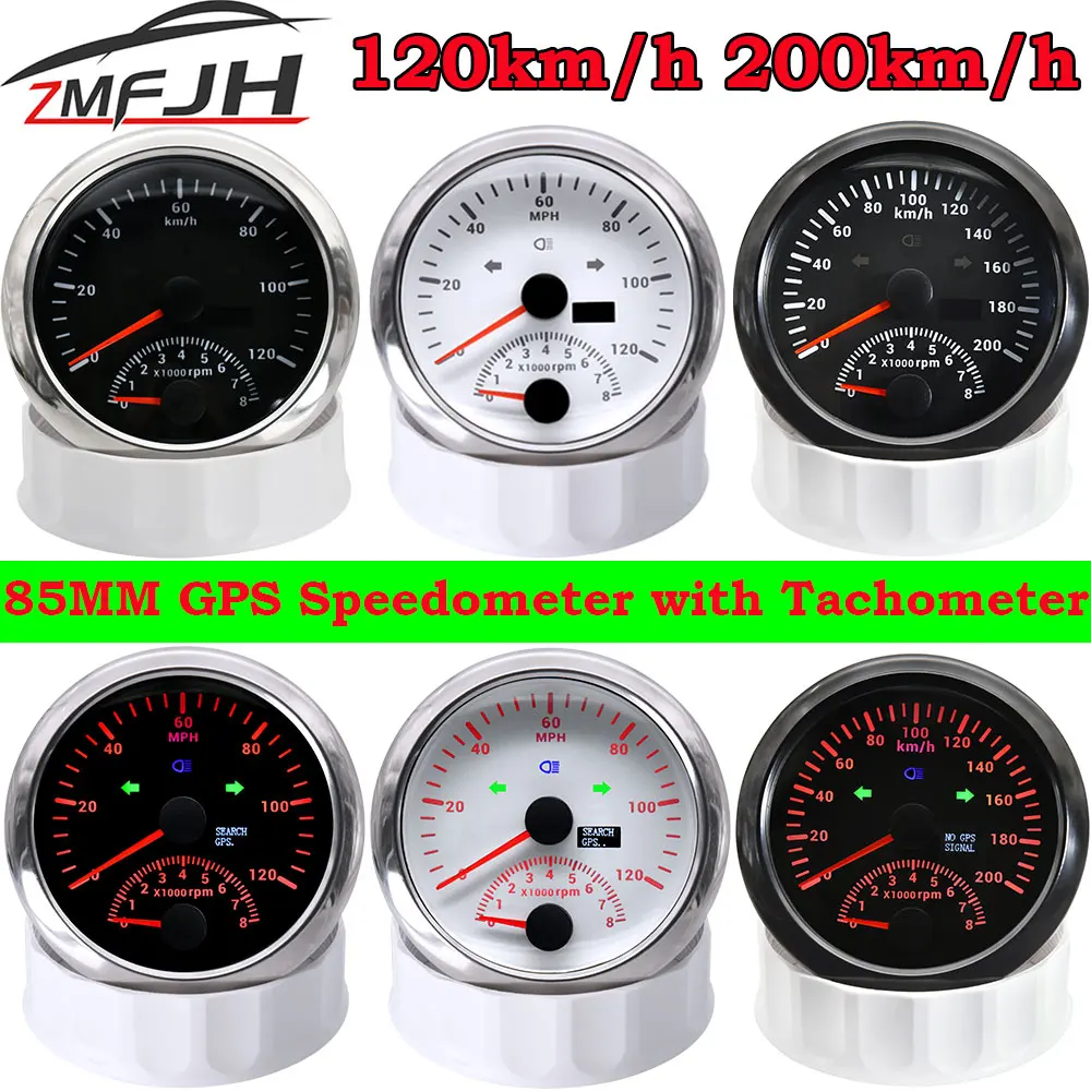 

New 85MM GPS Speedometer 120 200 KM/H MPH With Car Tachometer 8000 RPM Velocimetro Digital For Motorcycle ATV UTV Marine Car