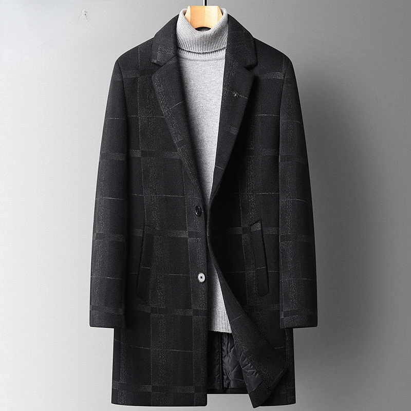 Men 2022 Autumn Winter Fashion Long Single Breasted Woolen Overcoats Male Slim Plaid Coats Men's Thick Wool & Blends Jackets M07