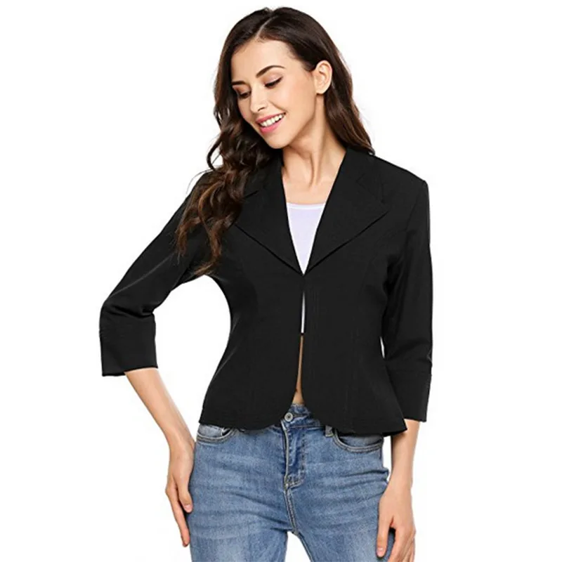 2021 Work Clothing Simple Solid Colors Slim Short Blazer Women V-Neck Three Quarter Sleeve Hidden Breasted Casual Office Blazer