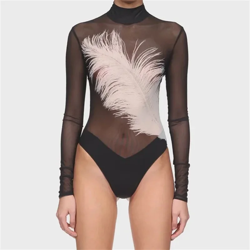 Женское боди 2024 осенняя новая мода с принтом перьев женские сексуальные