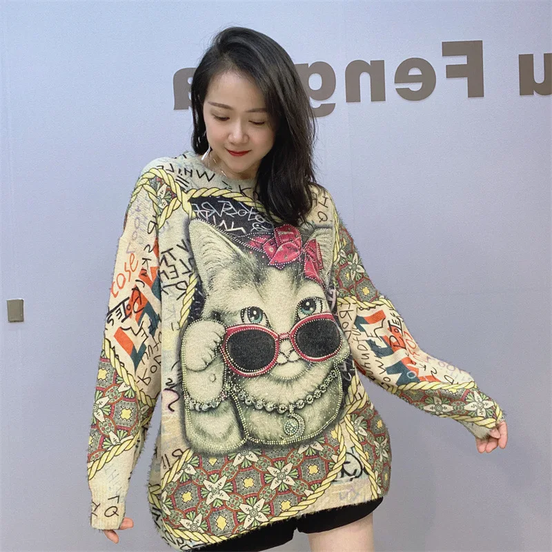

Fashion Cartoon Cat Printed Sweaters Women Autumn Winter Clothes Casual Loose Mink Hair Pullovers Poleras De Invierno Mujer