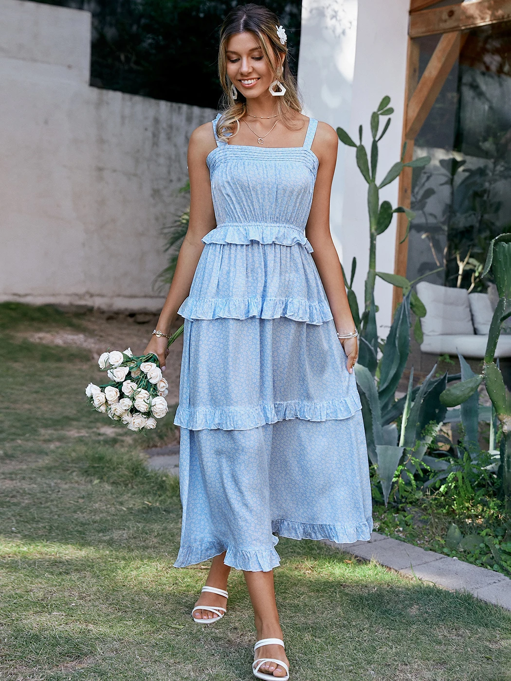 

Jastie Boho Floral Print Slim Midi Dress Women Summer High Waist Square Collar Ruffle Hem Vestidos Elegant Beach Slip Dresses