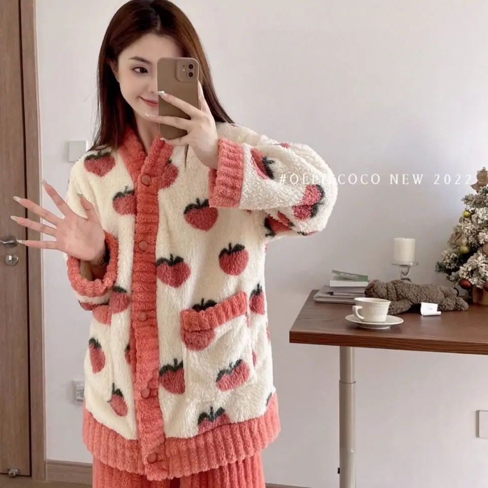 

Autumn Kawaii Winter Pajamas Set for Women Fruit Fashion Print Women Long Sleepwear Suit Home Clothes Women Female Sleepwear