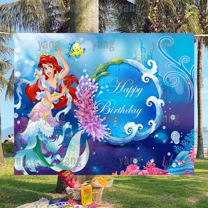 

Детский фон для фотосъемки с изображением маленькой Русалочки, Диснея под синим морским замком, принцессы Ариэль, вечеринки в честь Дня Рож...