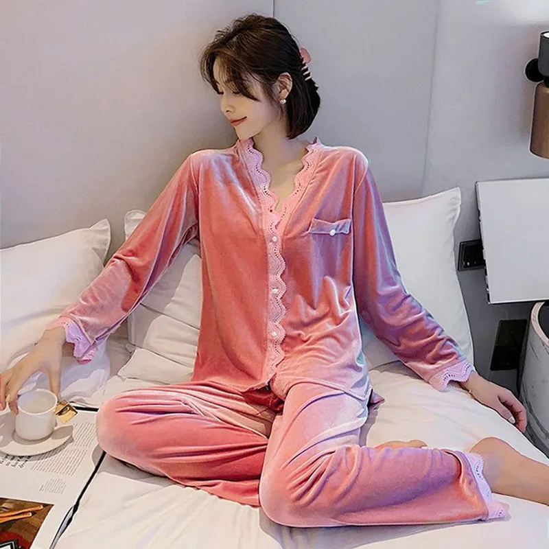 2023 Pleuche pajamas women long suit qiu dong the spring and autumn period and the beautiful young cardigan household