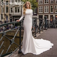 simple boat neck satin wedding dress long sleeves mermaid wedding gown appliques backless dress for women 2022 suknia %c5%9blubna