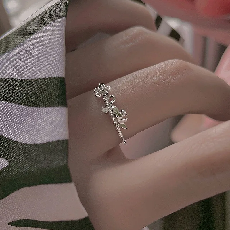 

S925 Sterling Silver Flower Cat Ring Female Fashion Personality Light Luxury Open Ring Simple Design Ring