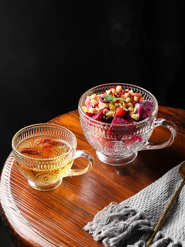 

Nordic retro relief milk breakfast glass cup large capacity tea cup with handle sunflower coffee cup