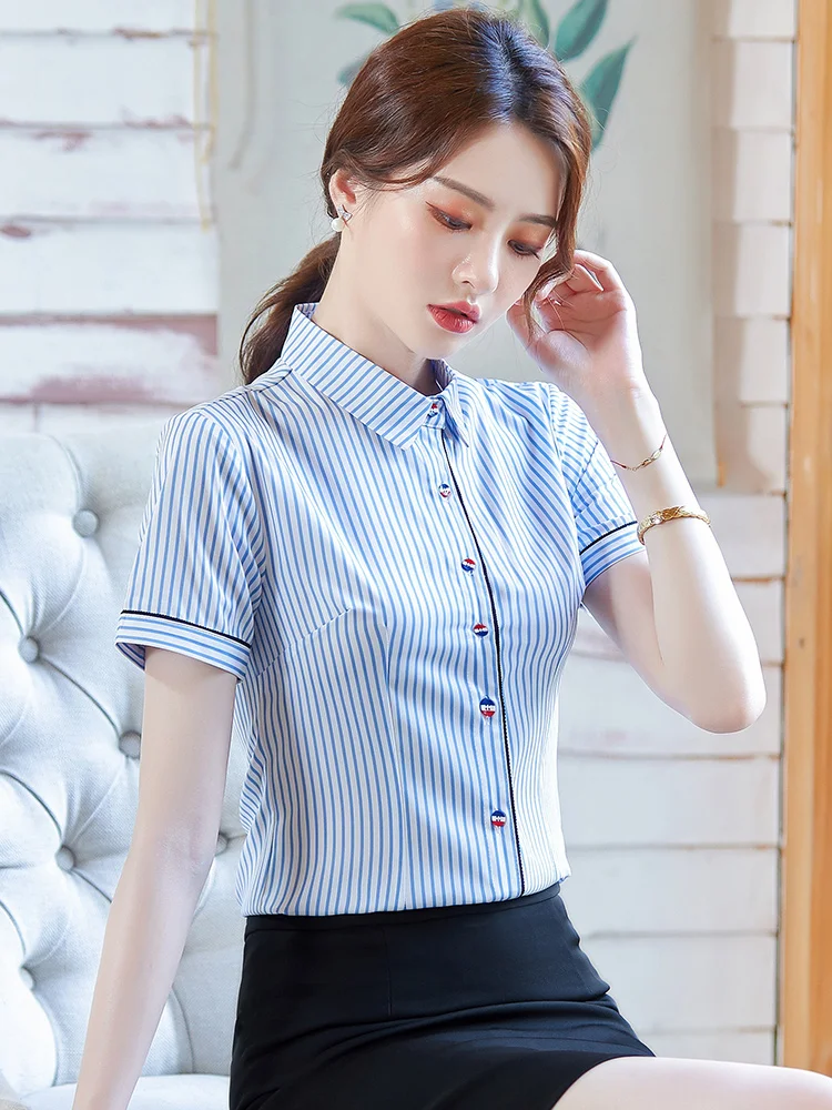 Профессиональные рубашки в синюю полоску Женская приталенная летняя одежда с