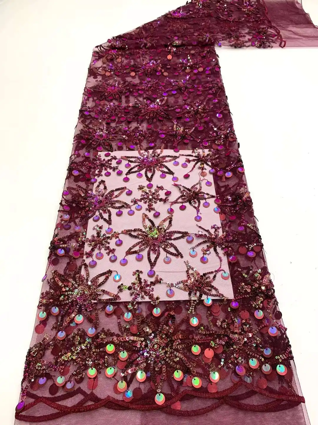 

Wine Nigerian Sequins Lace Fabric 2022 High Quality African Lace French Tulle Sequin Embroidery Lace Fabrics For Party Dress