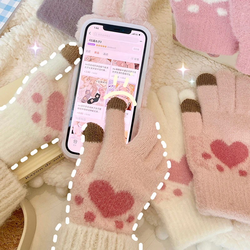 

Fashion Cat Paw Printing Gloves Mobile Phone Touchscreen Knitted Gloves Winter Thick Warm Adult Soft Fluffy Gloves Men's Women
