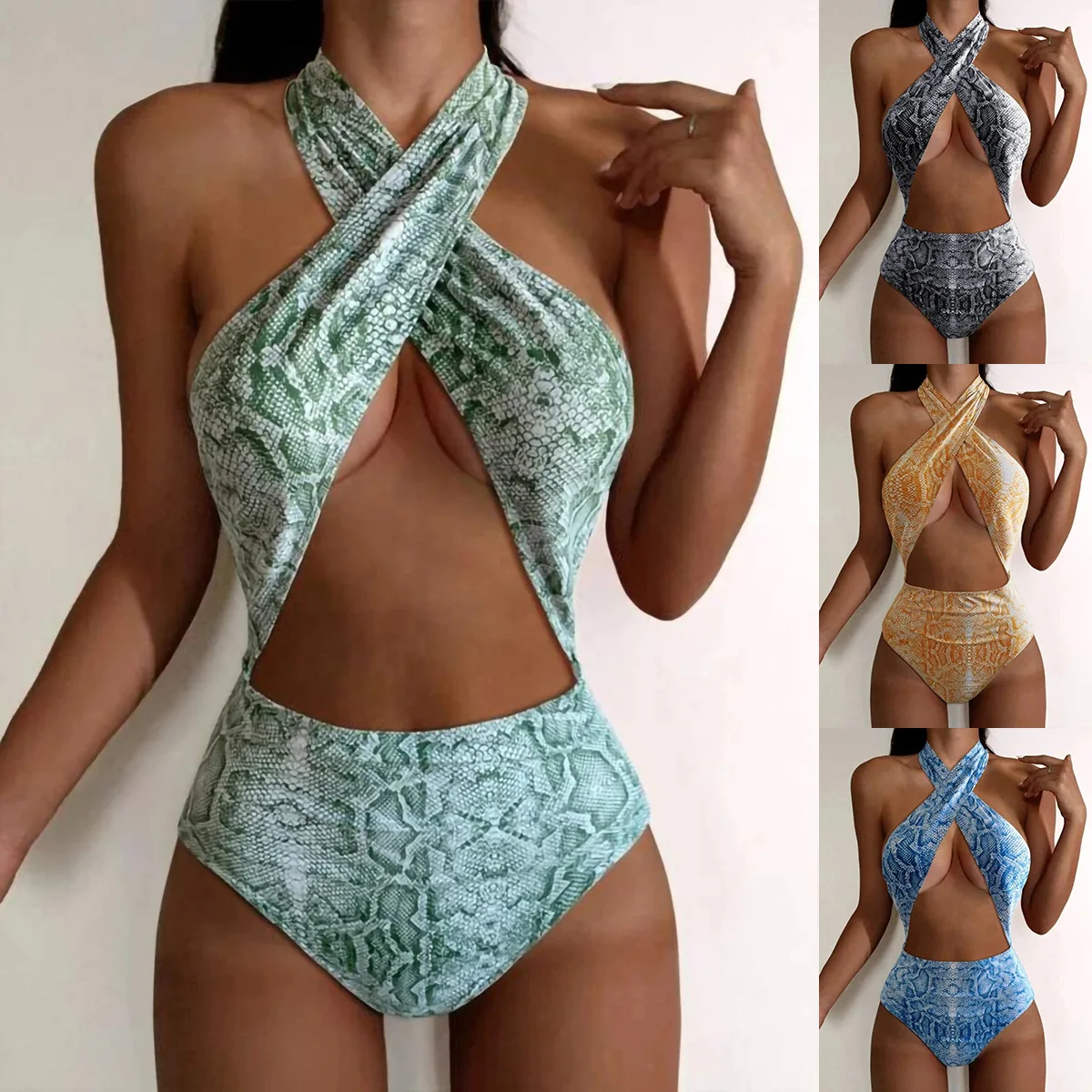

Sexy Women One Piece Set Print Tie Dye Swimwear Bandage Cross Halter Clothes Summer Beach Clothes