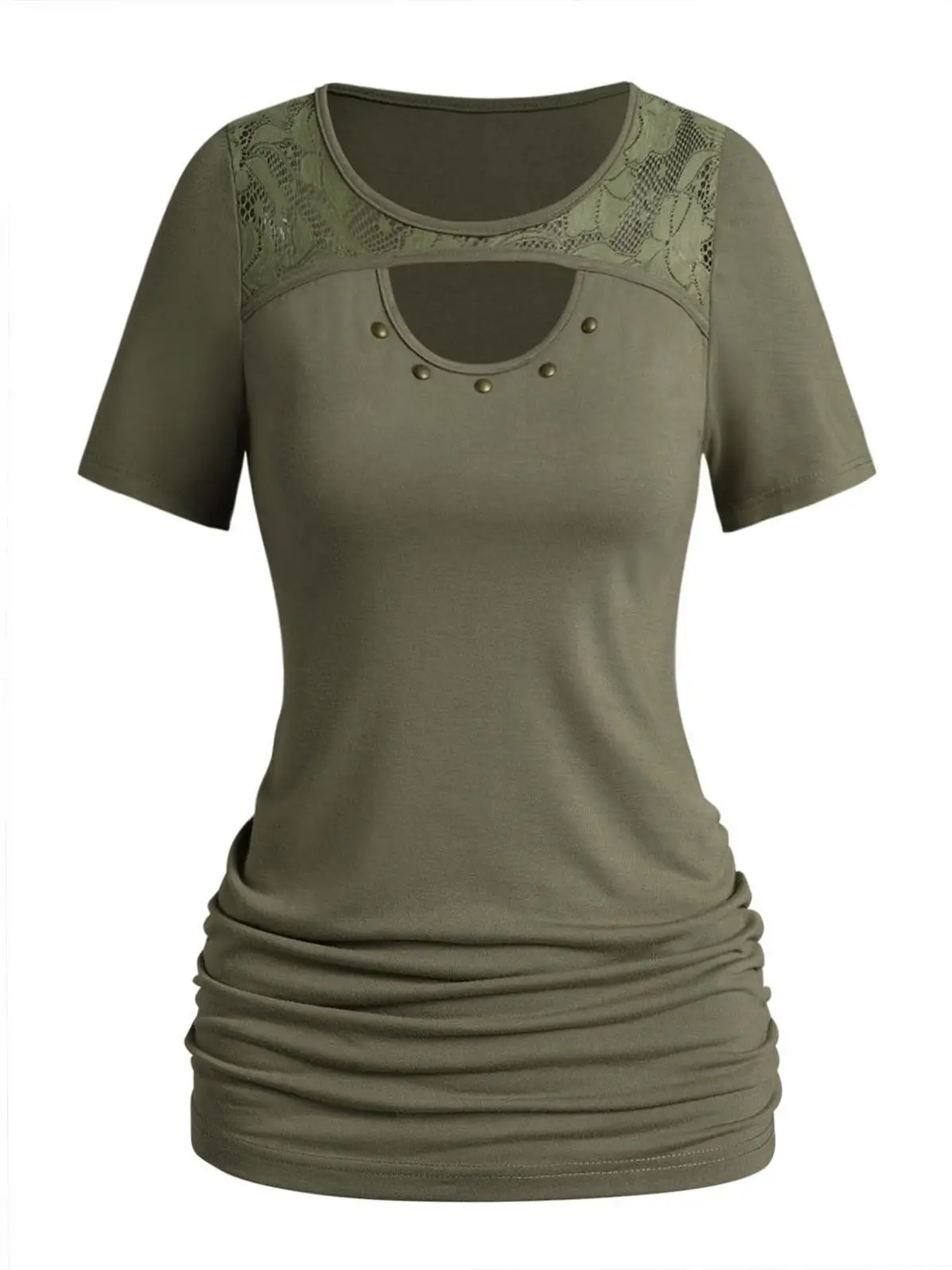 

Dressfo Armygreen Casual T Shirt Hollow Out Lace Short Sleeves Women Tops Panel Rivet Peekaboo Cut Ruched Tee