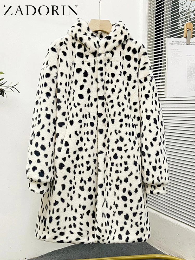 ZADORIN Korean Style Loose Leopard Print Winter Clothes Women 2022 Thick Warm Long Faux Rabbit Fur Coat Women Hoodie Fur Jackets
