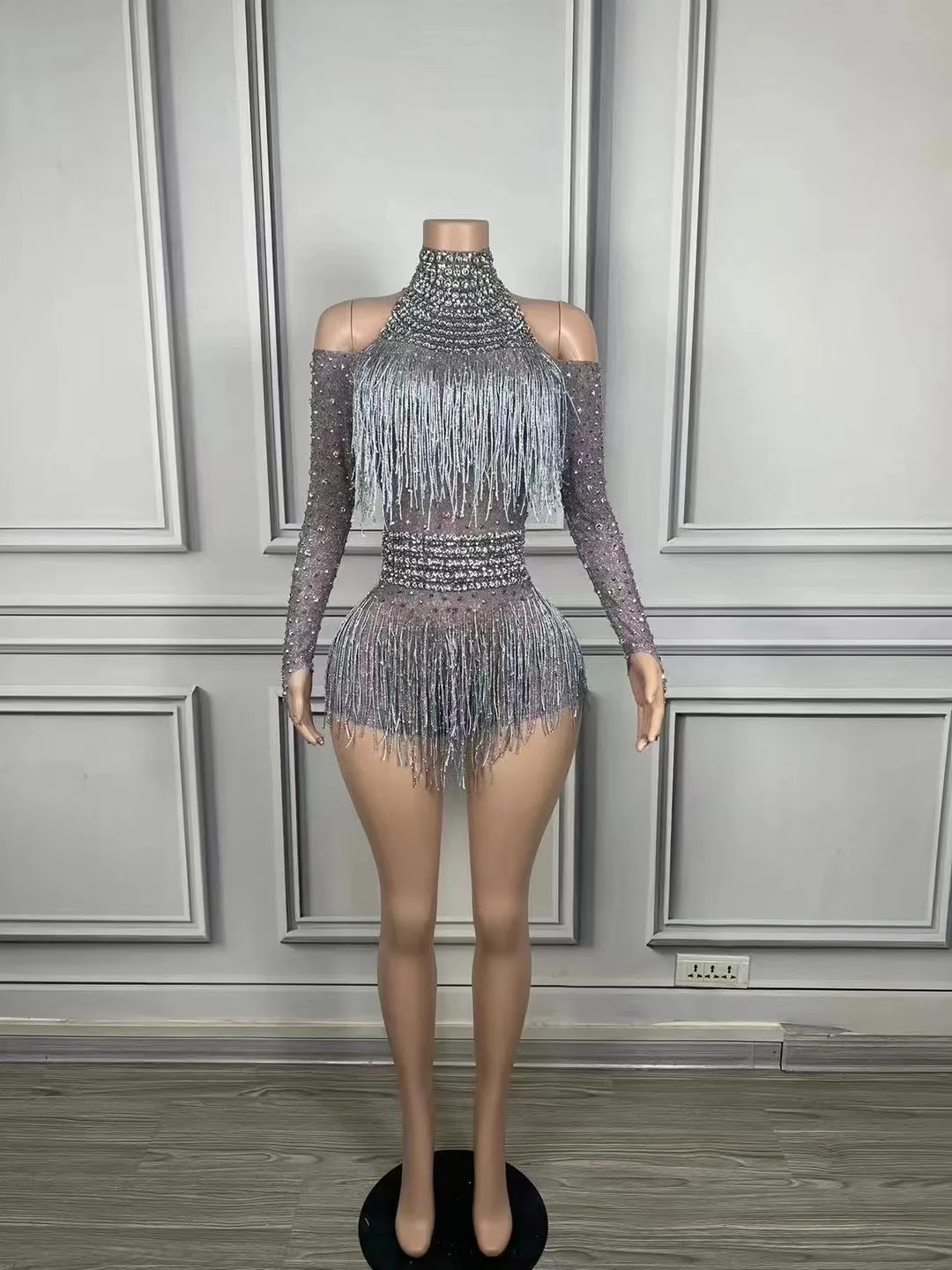 Серый жилет с кисточками приталенный костюм модный клубный сценический для