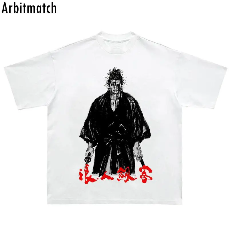 

Винтажная Мода 2023, уличная одежда в стиле хип-хоп, футболка с японским мультяшным принтом манги, Летняя Повседневная белая футболка оверсай...