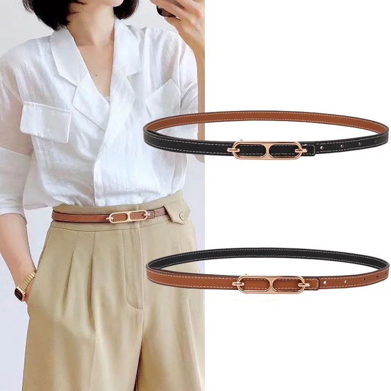 

Fashion Women Belt Double-sided Wear Adjustable Thin Belts Gold Buckle PU Leather Waist Belt for Lady Pants Dress Waistband