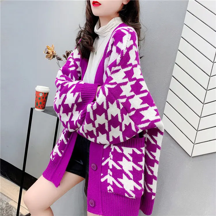 

Knitted Cardigan Women Plaid Pockets Loose Sweater Autumn Winter Long Sleeve V-neck Coat Top Button Jacket Mid-length Streetwear