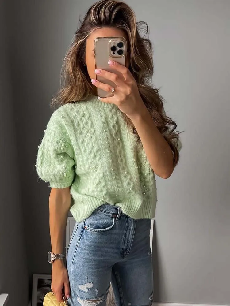 

KLKXMYT TRAF женский свитер 2022 модные с жемчугом Свободные вязаные свитера винтажные женские пуловеры с коротким рукавом шикарные топы