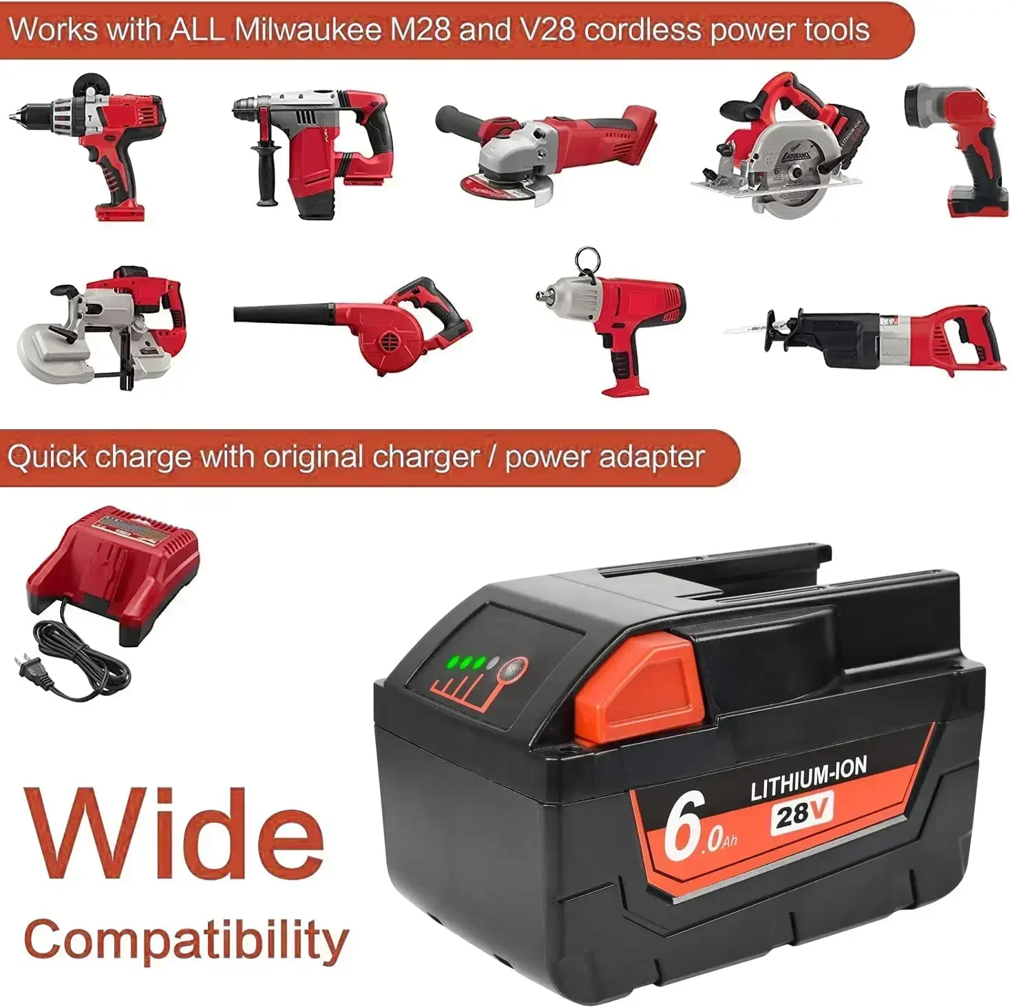 Фото Литий-ионный аккумулятор 28 В, 6 Ач для MILWAUKEE M28 V28 M28BX M28B 48-59-2819 0730-20, электроинструмент 48-11-2830 Вт/светодиодный манометр №4