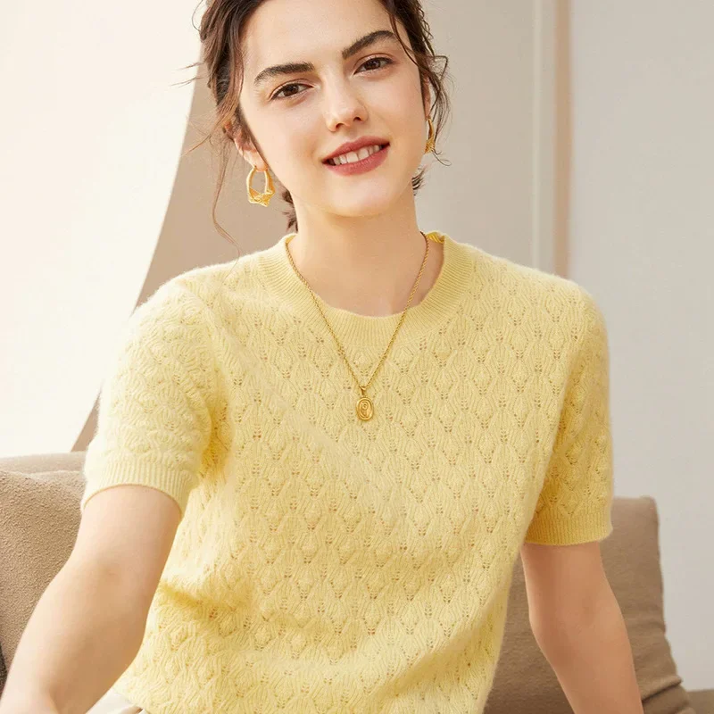 Женский свитер из чистой шерсти с короткими рукавами новый стиль пуловер круглым