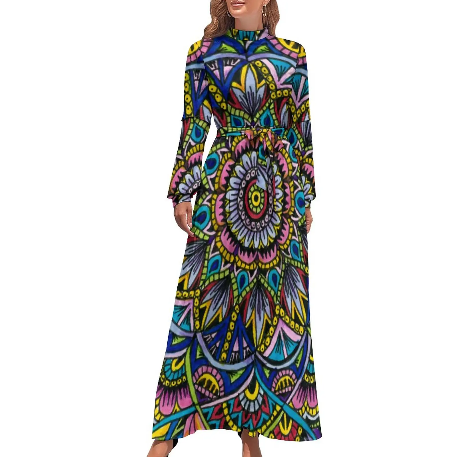 

Summer Mandala Dress Retro Floal Print Sexy Pattern Maxi Dress High Waist Long Sleeve Street Style Boho Beach Long Dresses
