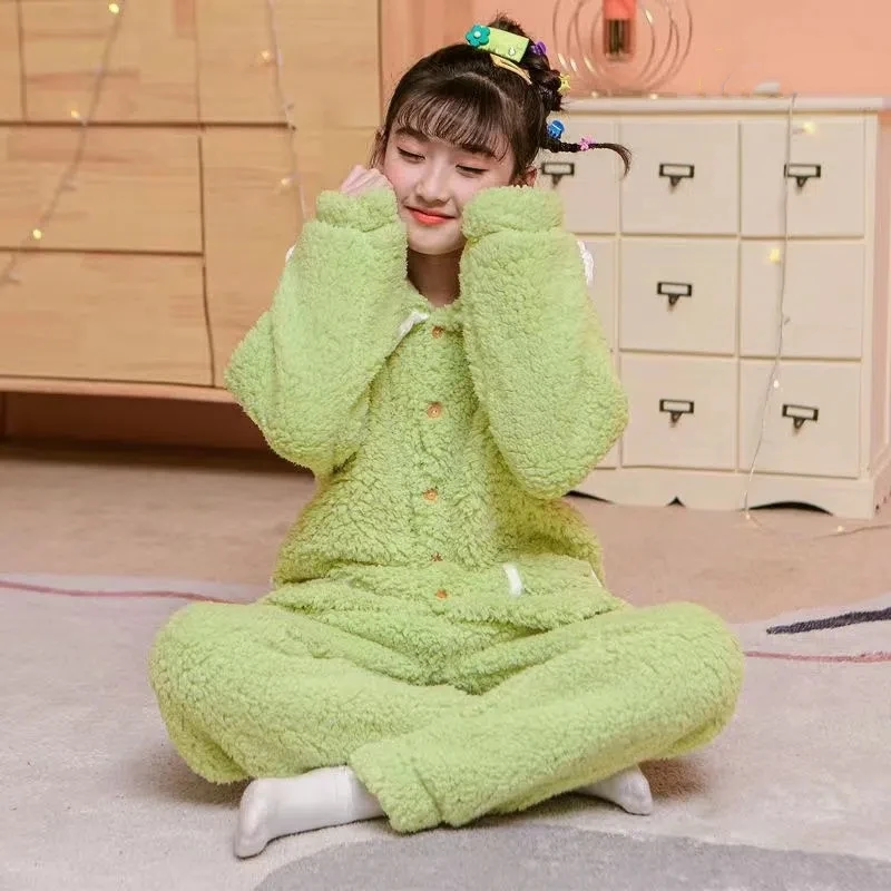 

Girls Autumn Winter Thickened Coral Velvet Pajamas Children Simple Solid Color Home Clothes Set Middle Big Kids Warm Pajamas Set