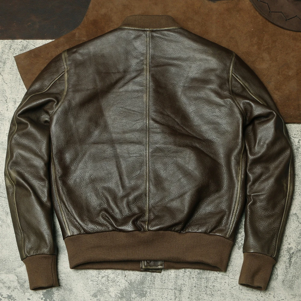 Мужская винтажная куртка в стиле ВВС оливково-зеленого цвета из коровьей кожи