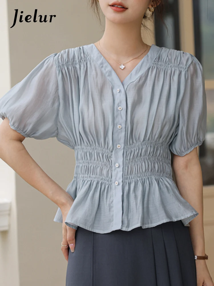 Jielur Рубашка Женская плиссированная с зауженной талией однотонная блуза пышными
