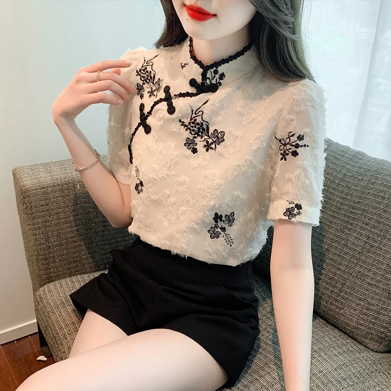 

2023 new chinese style vintage style tangsuits blouse women graceful lace cheongsam qipao top lady casual daily oriental blouse