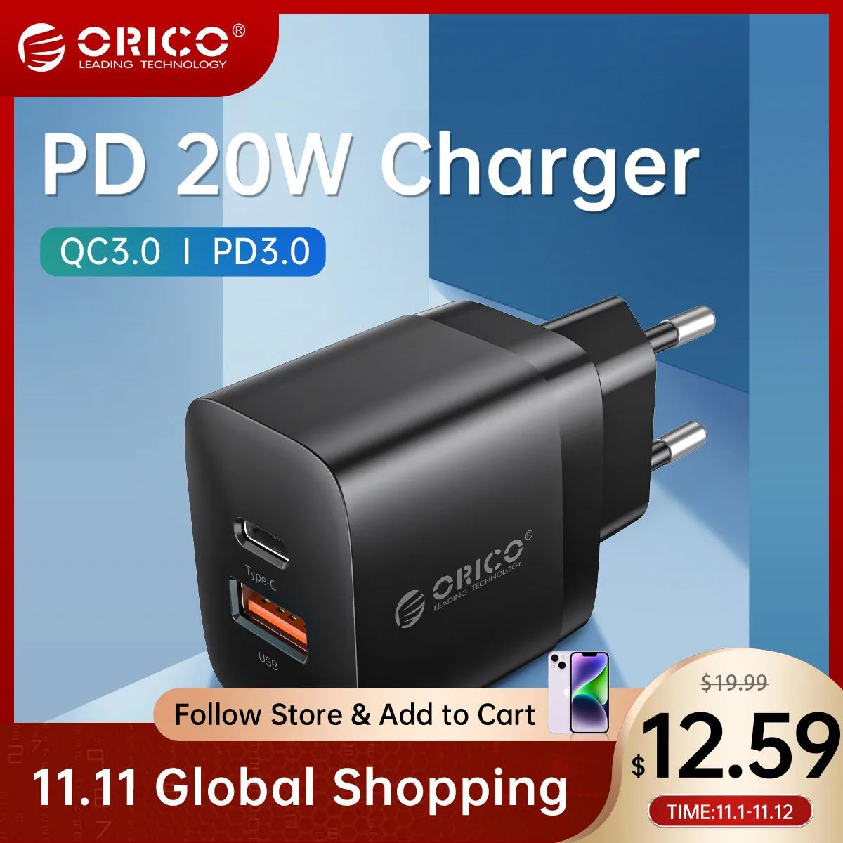 

ORICO 20 Вт USB C USB быстрое зарядное устройство PD QC3.0 для iPhone 12 Pro Max Samsung Xiaomi Type C 2 порта планшет сотовый телефон зарядное устройство