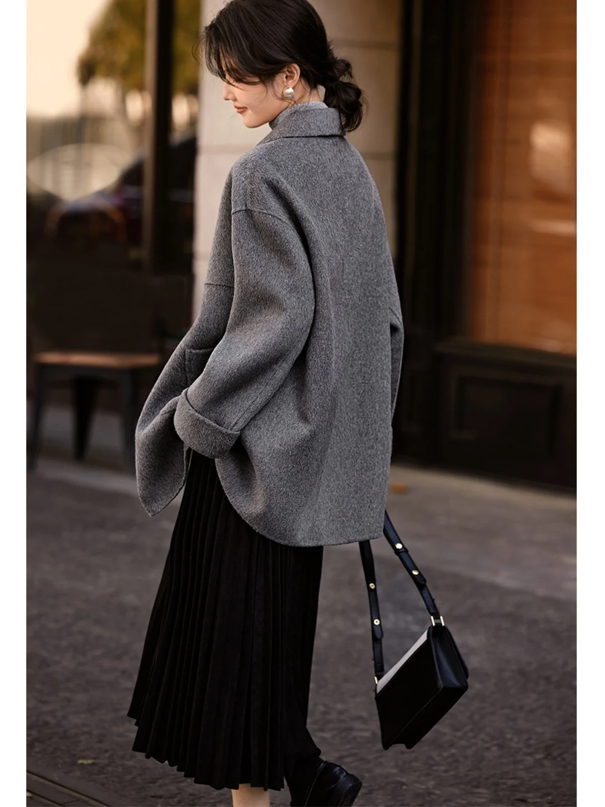 Xwi/Xin No Horn Buckle Double-sided Duffle Coat Women Winter Three-Dimensional Split Loose Slimming Micro Drop Shoulder Woole...