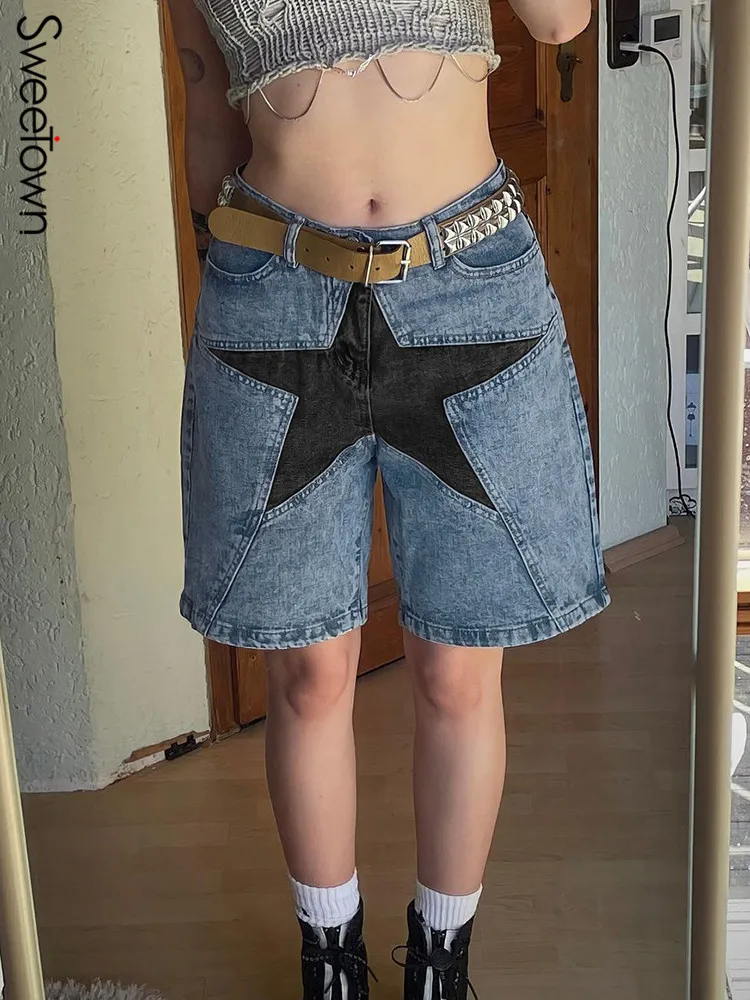 Sweetown Star Patches Low Rise Straight Leg Denim Cargo Shorts Women American Retro Y2K Streetwear Casual Capri Short Jean Pants
