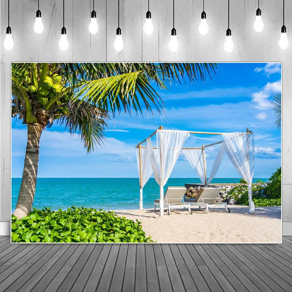 

Beach Wedding Photography Backgrounds Seaside Tropical Palm Tree Sand Decor Party Ceremony Portrait Photographic Backdrops
