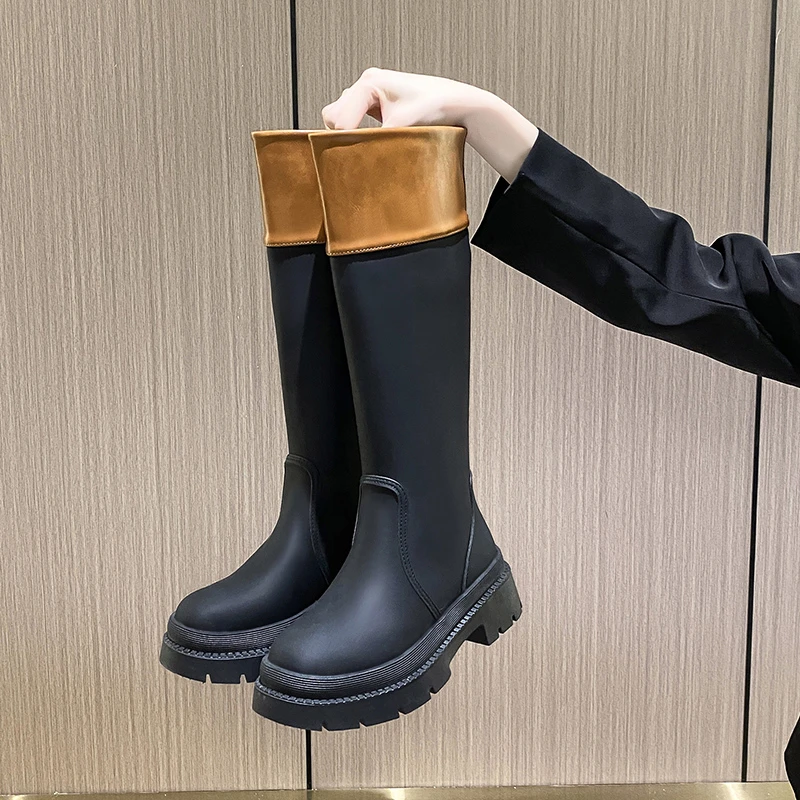 

2022 Autumn New Women's Long Boots Fashion Color Matching Platform Thick Knee-high Boots Zipper Square Heels Comfortable Shoes