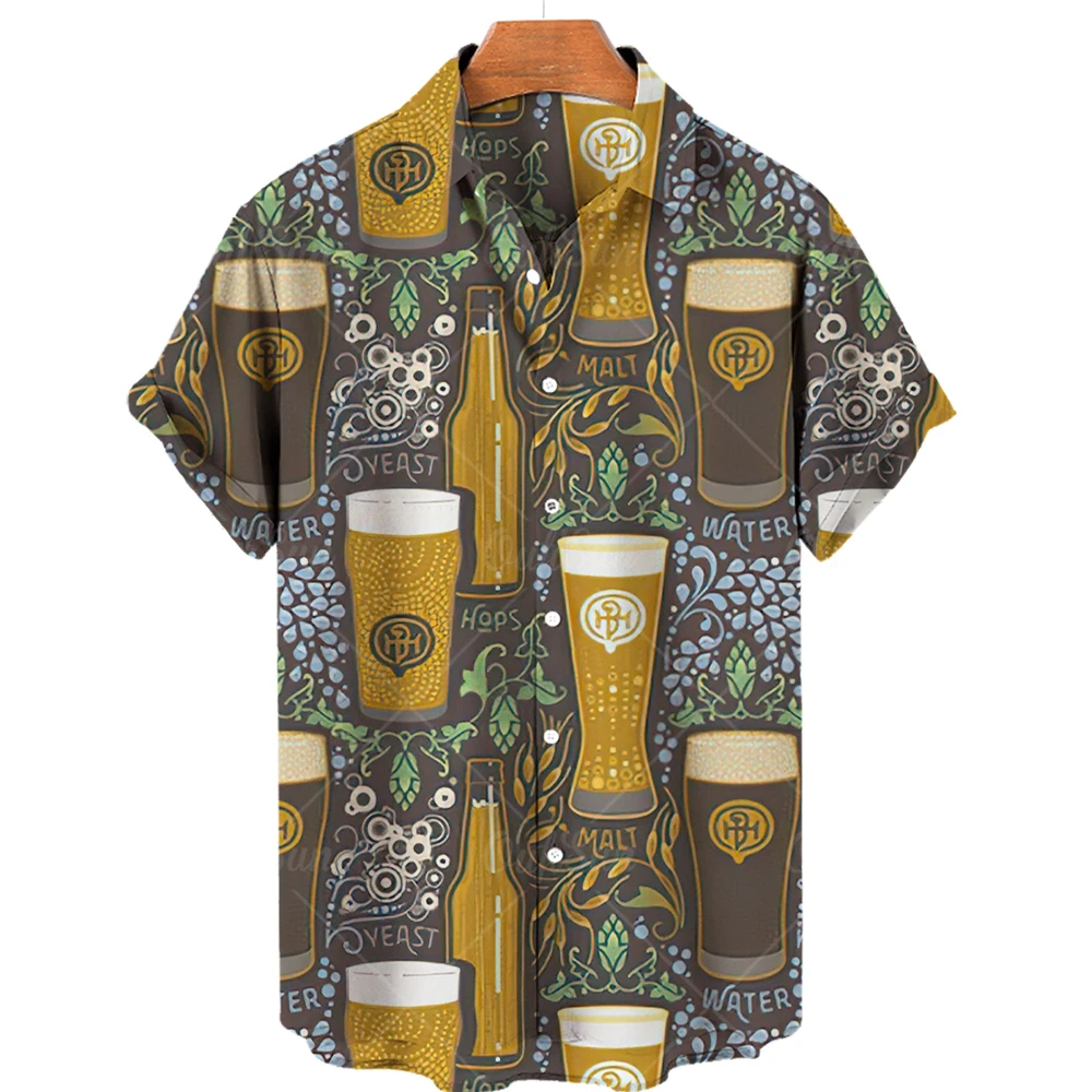 Vintage Beer 3D Printed Shirt Men's Ahloa Beach Hawaiian Shirt Short Sleeve Button Lapel European Clothing 5XL