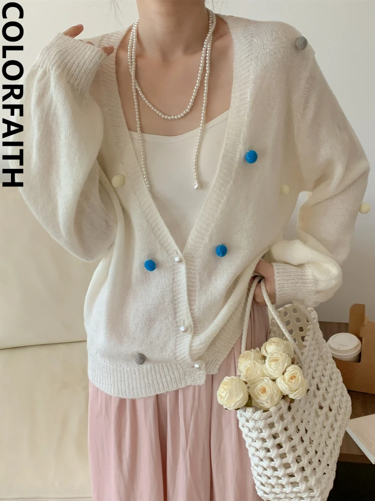 

Colorfaith New 2022 Korean Fashion Chic Vintage Dot Sweaters Women Autumn Winter Knitted Sweet Cardigans Elegant Tops SWC3565JX