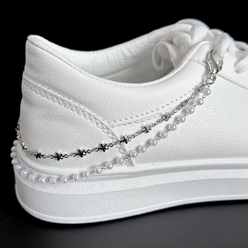 2PCS Double Layer Metal Heart Chains Shoe Buckles Punk Vintage Gold Pearls Chain Shoes Accessories Creative Jewelry Wholesale