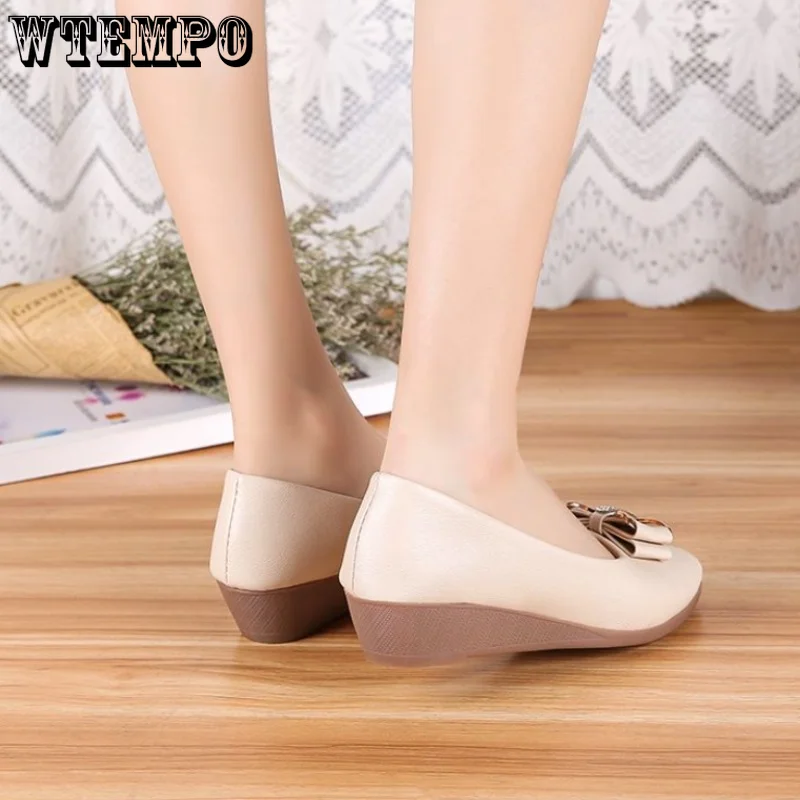 WTEMPO Women Flats Classic Leather Bow Round Head Ballet Shoe Spring Summer Fashion Flats Ladies Boat Shoes Dropshipping
