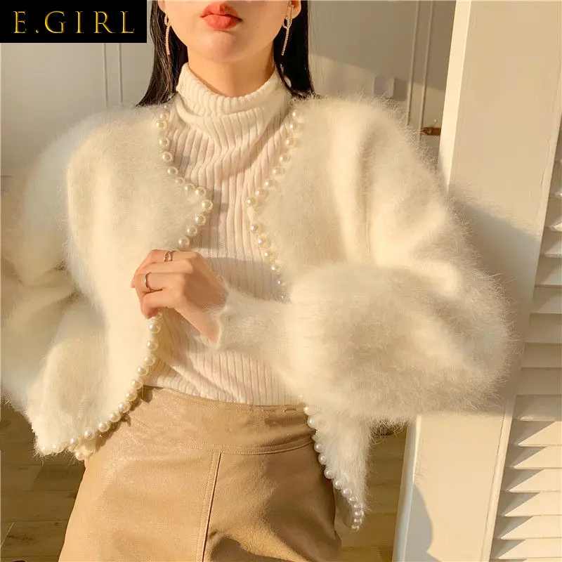 

Sweet Lantern Sleeve Mink Cashmere Sweater Knitted Cardigan Korean Beads 2021 New Causal Knitwear Open Stitch