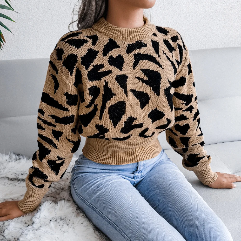 

Women's Long Sleeve Knitted Tops Leopard Pattern Round Neck Tighten Cuffs Hem Sweater Female Autumn Winter Pullover