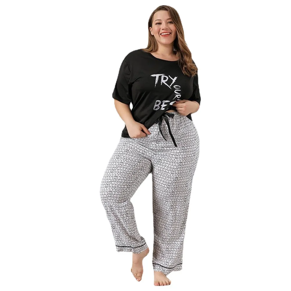  Women's Pajamas Summer Sets Shorts Sleeve O-neck Tshirt Printed Lace-up Straight Trousers Lounge Wear Women Clothing