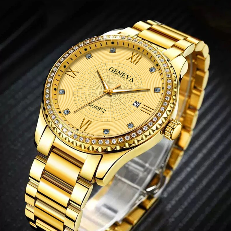 GENEVA Top luxury men's watch circular diamond dial automatic calendar tungsten steel strap men's watch clock timer
