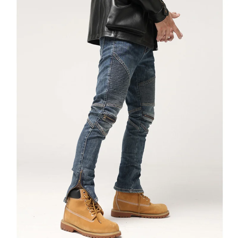 Streetwear Men New Pattern Knee Zipper Blue Jeans Self-cultivation Recreational Neutral Pencil Pants Autumn and Winter Female