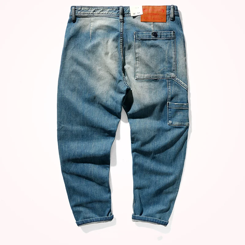 Cargo jeans men's duplicate straight cone retro do old washed stretch denim casual pants